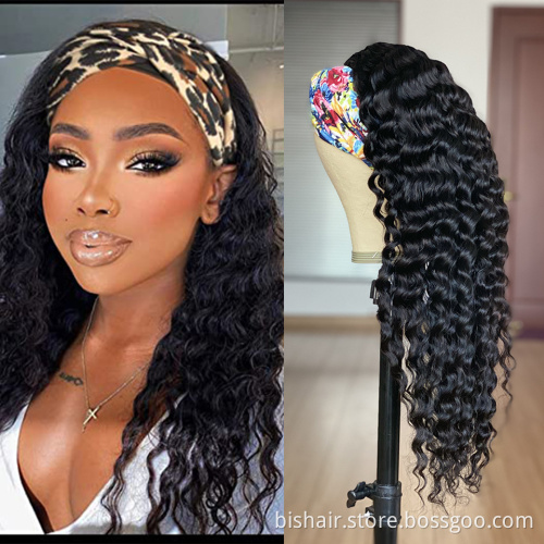 BIS Wholesale Deep Wave Headband Wig Human Hair For Black Women Raw Virgin Human Hair The Cheapest Headband Wigs 150 Density